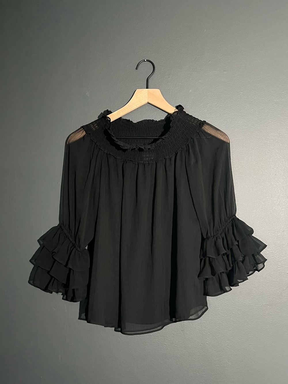 CeCe Black Smocked Neck Ruffle Sleeve Sheer Blouse XS